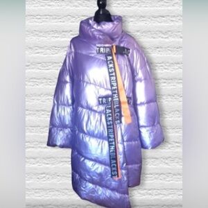 Fly Luxury Metallic Lilac Long Puffer Jacket with Logo Straps